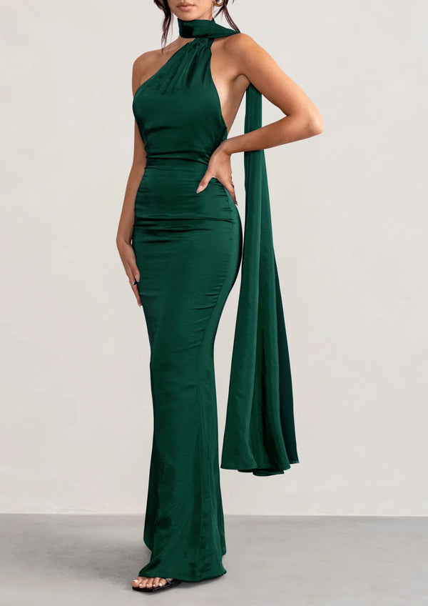 Sheath/Column Asymmetrical Halter Floor-length Prom Dresses BabaMila