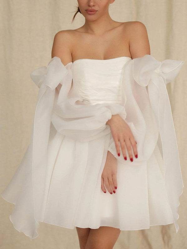 A-Line/Princess Off-The-Shoulder Bow Long Sleeves Mini Wedding Dress BabaMila