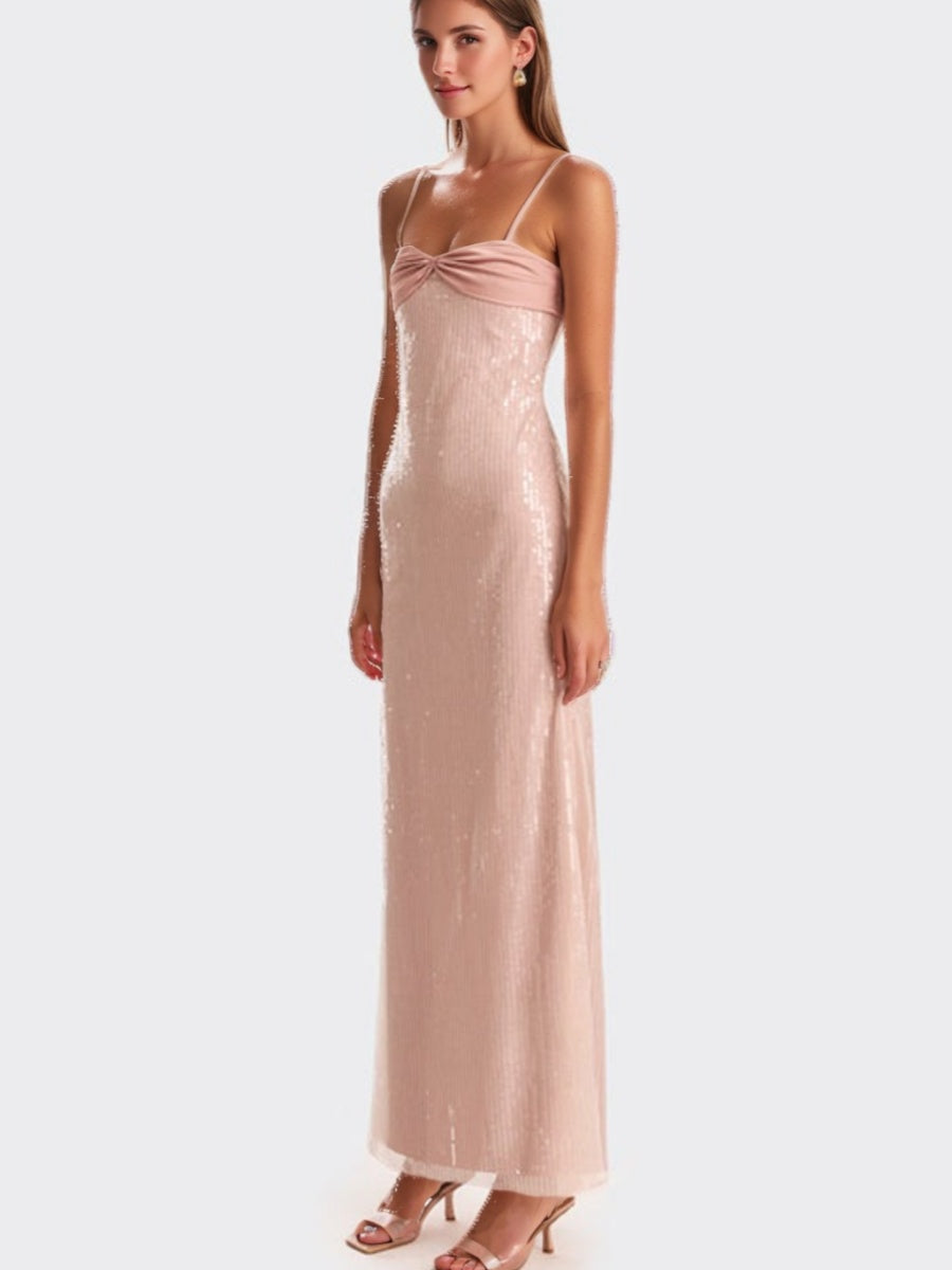 Sheath/Column Spaghetti Straps Ruched Backless Ankle-Length Prom Dresses with Sequins BabaMila