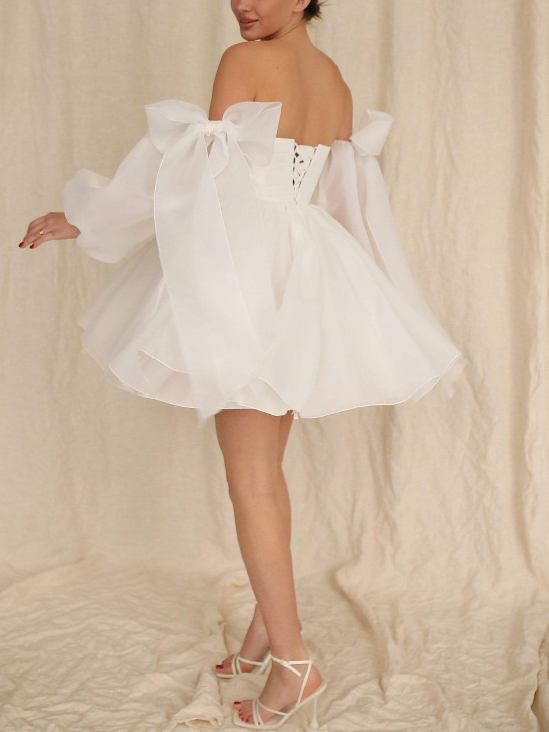 A-Line/Princess Off-The-Shoulder Bow Long Sleeves Mini Wedding Dress BabaMila