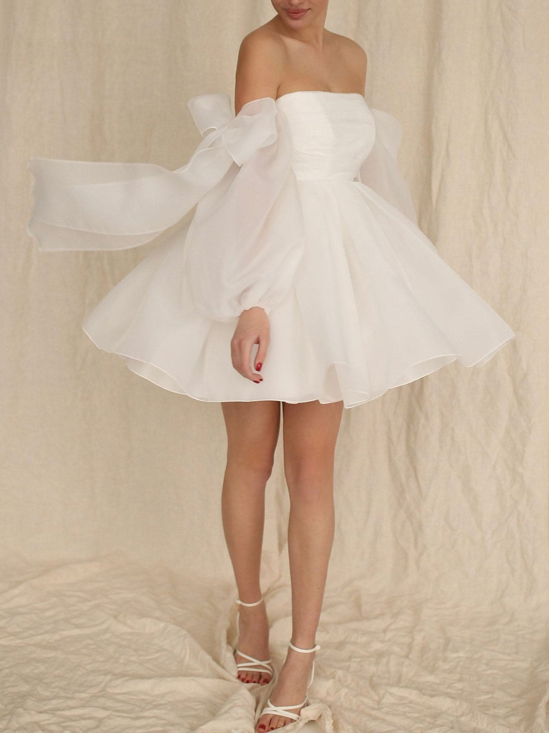 A-Line/Princess Off-The-Shoulder Bow Long Sleeves Mini Wedding Dress BabaMila