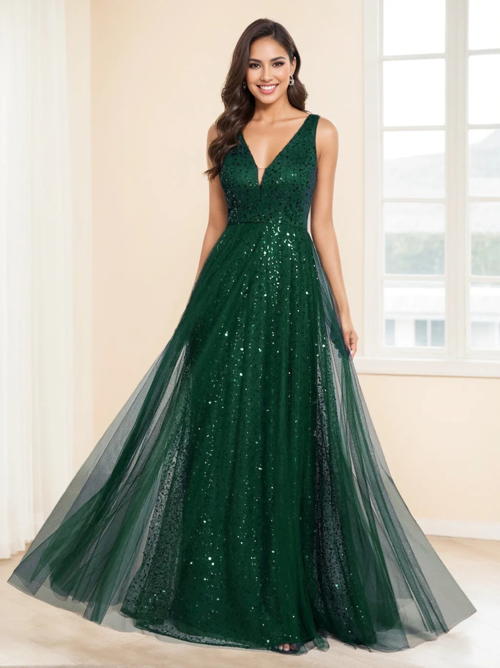 A-Line/Princess V-Neck Sleeveless High Waist Floor-length Evening Dresses BabaMila