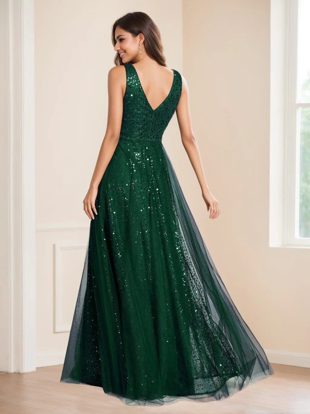 A-Line/Princess V-Neck Sleeveless High Waist Floor-length Evening Dresses BabaMila