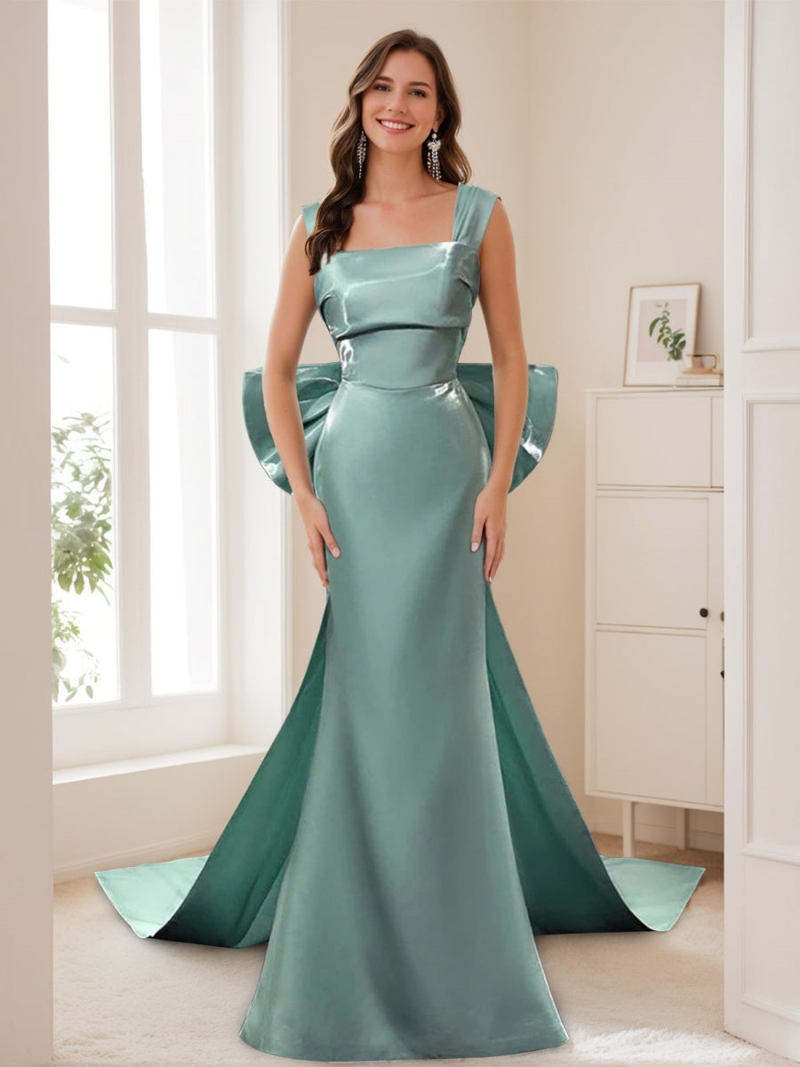 Sheath/Column Square Neckline Floor-Length Prom Dresses with Bowknot/Watteau Train BabaMila