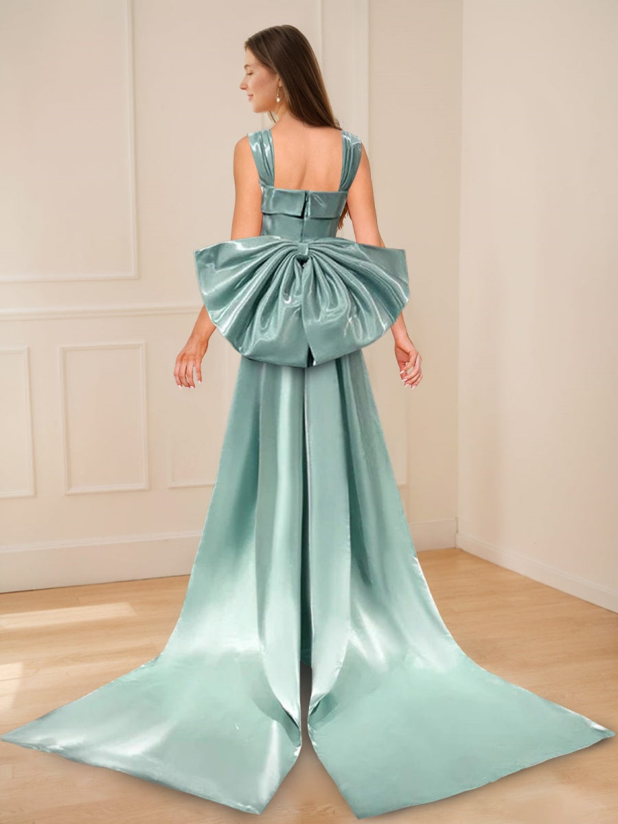 Sheath/Column Square Neckline Floor-Length Prom Dresses with Bowknot/Watteau Train BabaMila