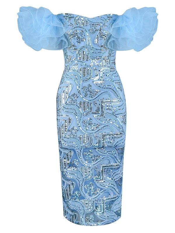 Sheath/Column Off-the-Shoulder Sleeveless Tea-Length Party Cocktail Homecoming Dress With Sequins BabaMila