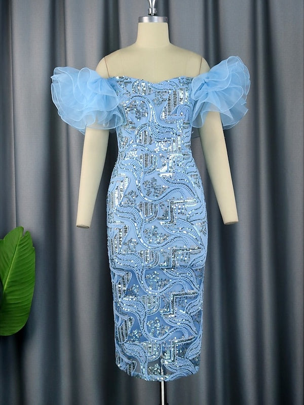 Sheath/Column Off-the-Shoulder Sleeveless Tea-Length Party Cocktail Homecoming Dress With Sequins BabaMila