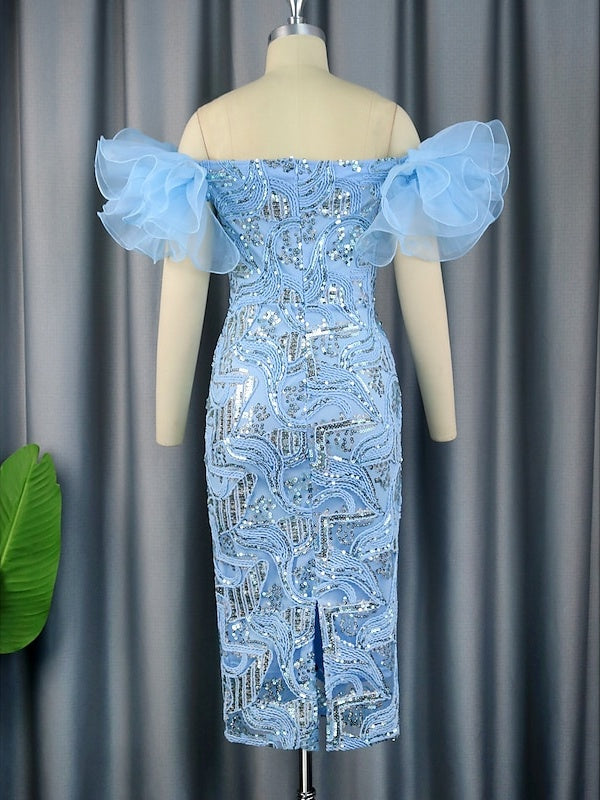 Sheath/Column Off-the-Shoulder Sleeveless Tea-Length Party Cocktail Homecoming Dress With Sequins BabaMila