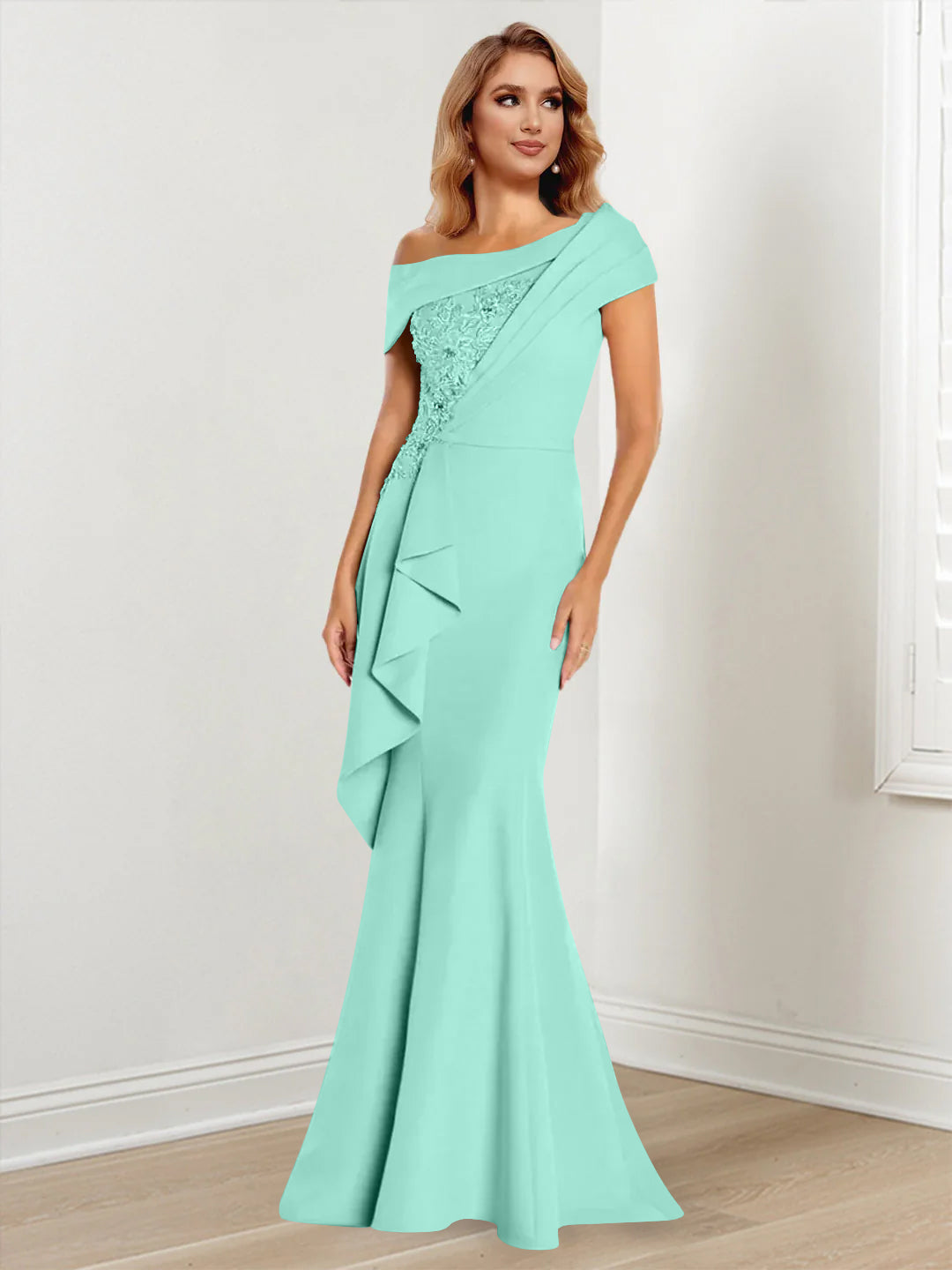 Trumpet/Mermaid One-Shoulder Long Sleeves Mother Of The Bride Dresses With Lace BabaMila