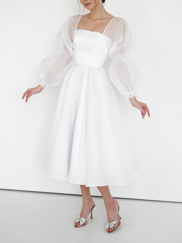 A-Line/Princess Square Neck Tea-Length Long Puff Sleeve Wedding Dress BabaMila