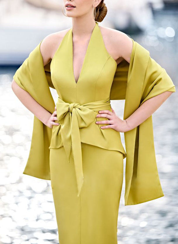 Sheath/Column Halter Sleeveless Tea-Length Mother Of The Bride Dresses With Bowknot BabaMila