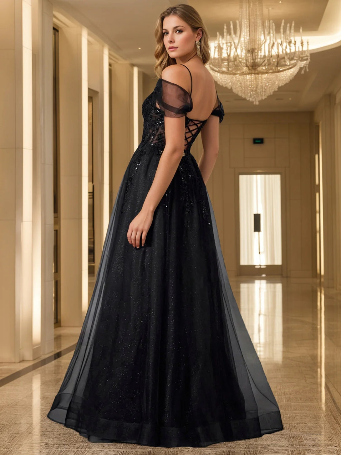 A-Line/Princess Off-the-shoulder Sleeveless Black Tulle Evening Dress with Split Side & Sequins BabaMila