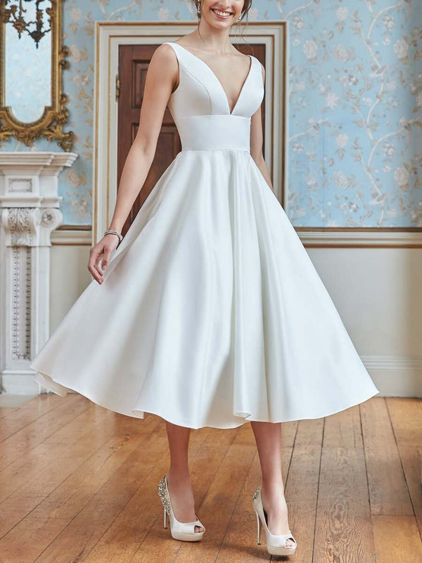 A-Line/Princess V-Neck Tea-Length Sexy Wedding Dress BabaMila