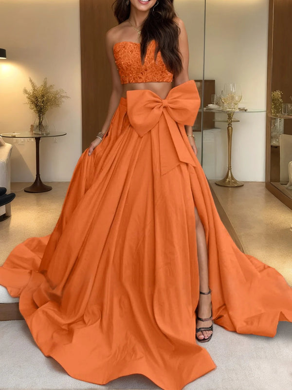 A-Line/Princess Strapless Sleeveless Sweep Train Evening Dress with Bow(s) BabaMila