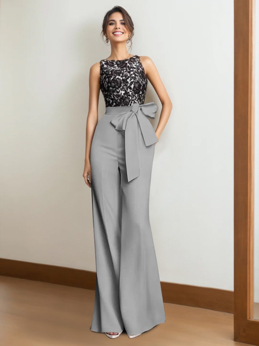 2 Piece Satin Sleeveless Floor Length Mother Of The Bride Pantsuits With Lace Appliques & Bow BabaMila