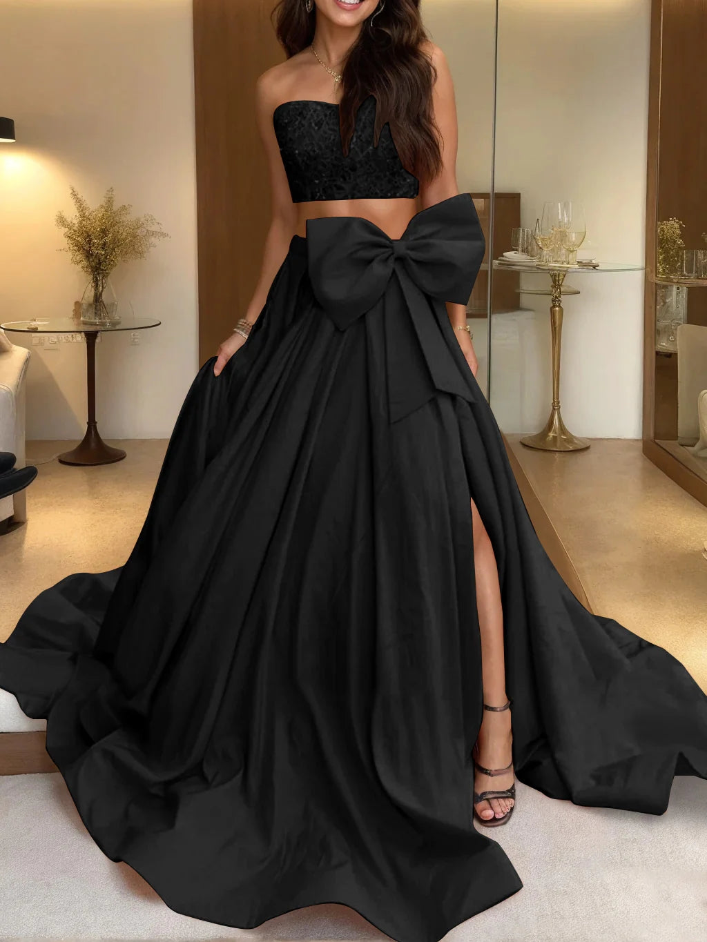 A-Line/Princess Strapless Sleeveless Sweep Train Evening Dress with Bow(s) BabaMila