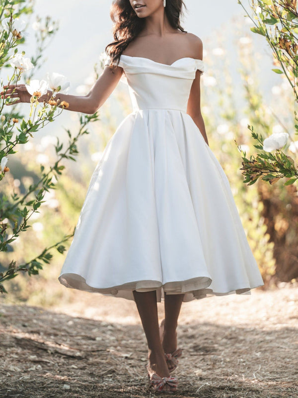 A-Line/Princess Off-the-Shoulder Tea-Length Satin Elegant Gown Wedding Dress BabaMila