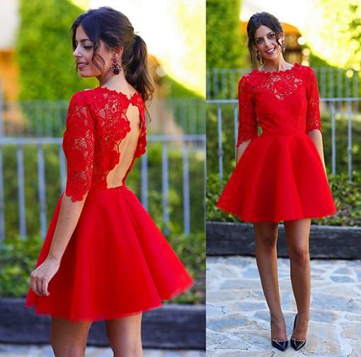 Red Homecoming Dress Scoop A-line Lace Sexy Short Prom Dress Party Dress Homecoming Dress BabaMila