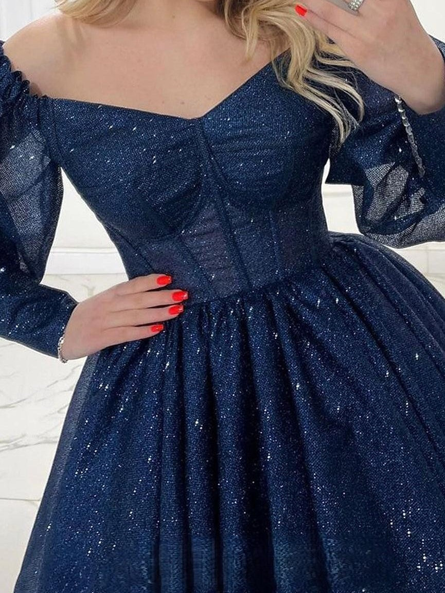 A Line/Princess V-Neck Long Sleeves Short/Mini Party Cocktail Homecoming Dress with Glitter BabaMila