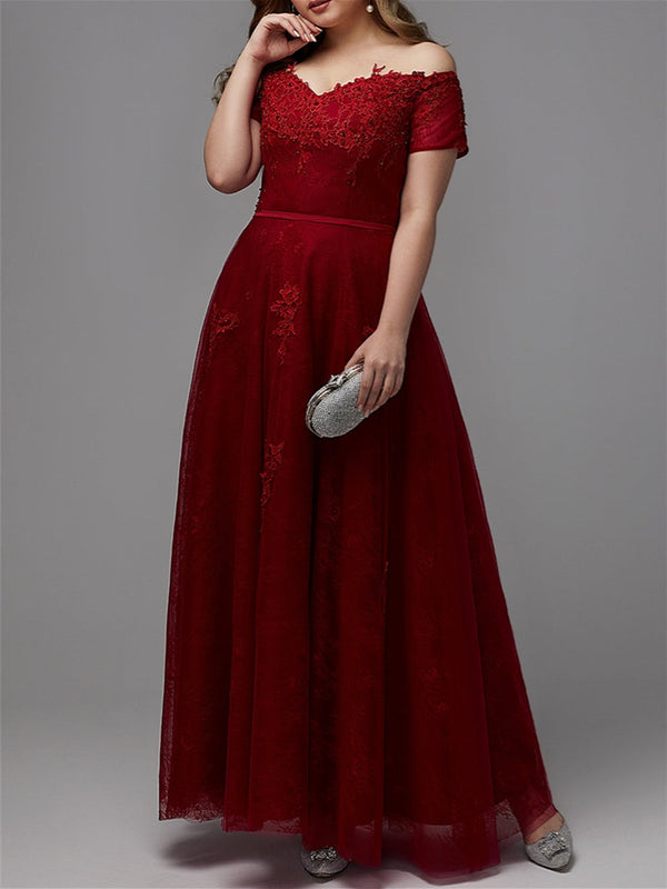 A-Line/Princess Off-the-Shoulder Short Sleeve Floor-length Plus Size Prom Dresses With Appliques BabaMila