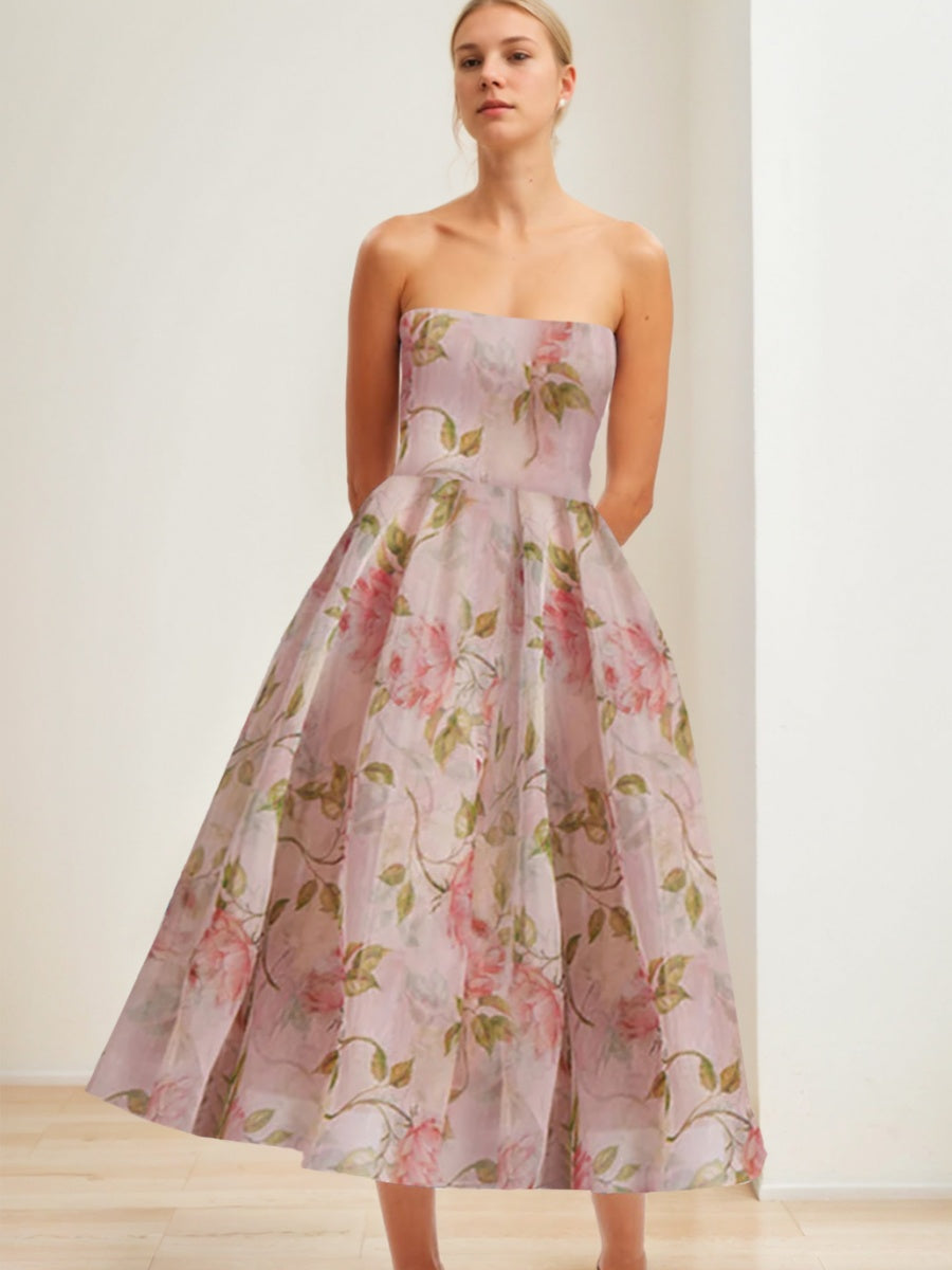 A-Line/Princess Strapless Tea-Length Printed Floral Elegant Prom Dresses BabaMila