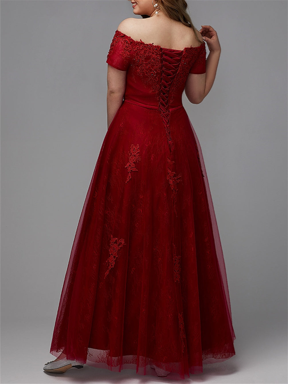 A-Line/Princess Off-the-Shoulder Short Sleeve Floor-length Plus Size Prom Dresses With Appliques BabaMila