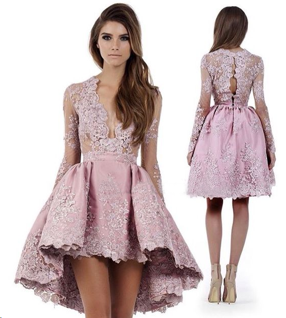 Long Sleeve High Low Homecoming Dresses Lace Short Prom Dress Party Dress Homecoming Dress BabaMila