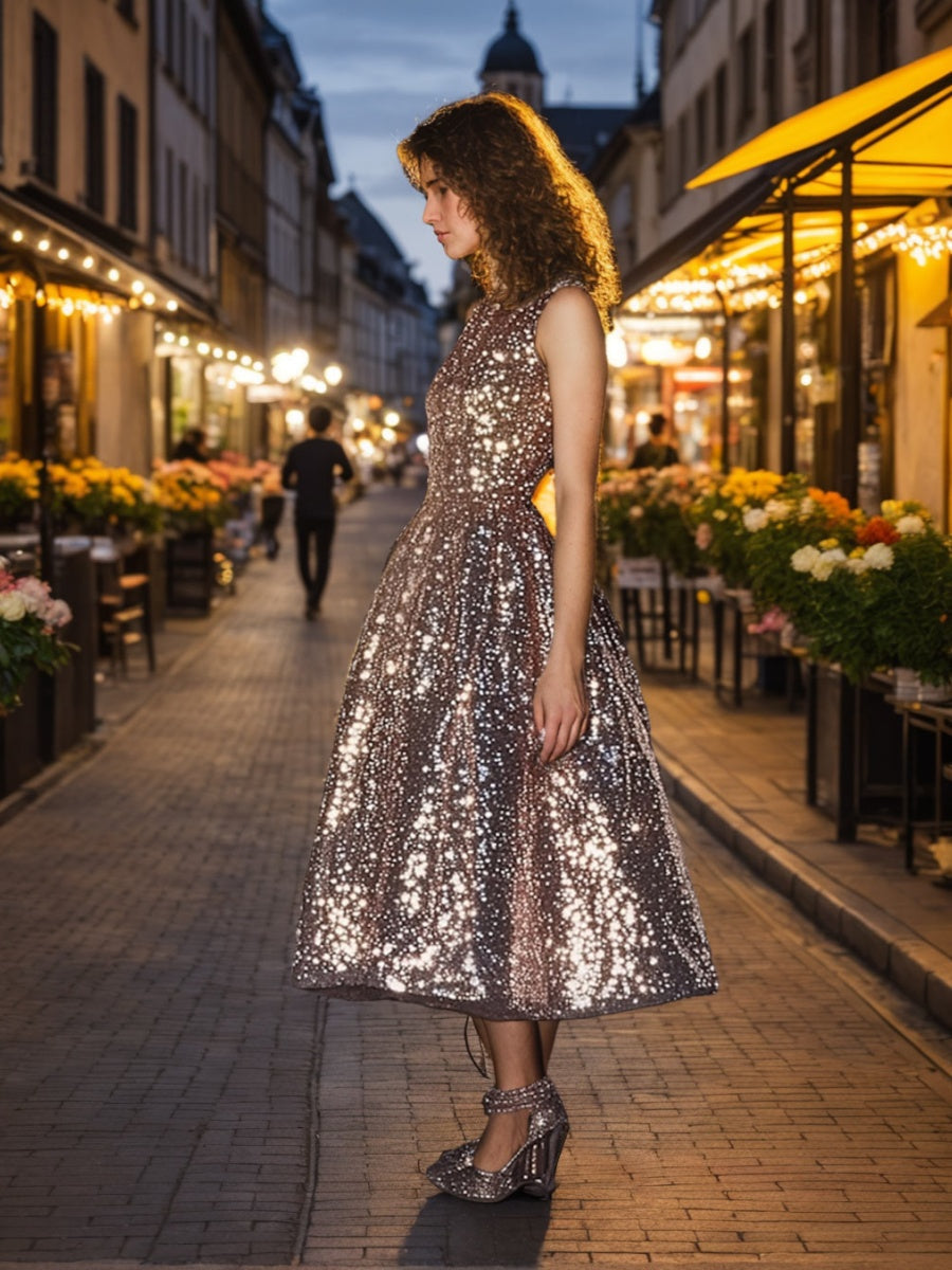 A-Line/Princess Scoop Sleeveless Tea-Length Sequined Prom Dresses BabaMila