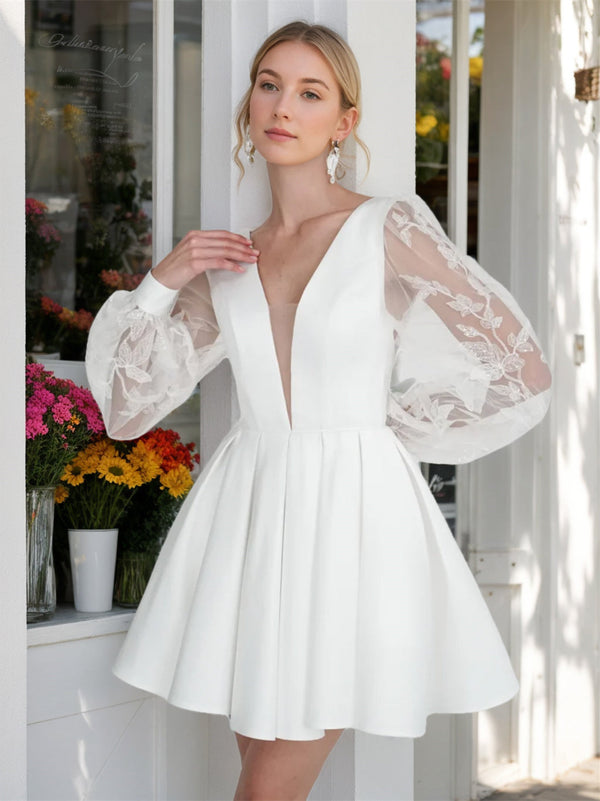 A-Line/Princess V-Neck Long Sleeves Mini Lace Wedding Dress BabaMila