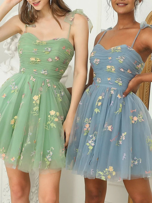 A-Line/Princess Spaghetti Straps Mini Prom Dresses With Embroidery BabaMila