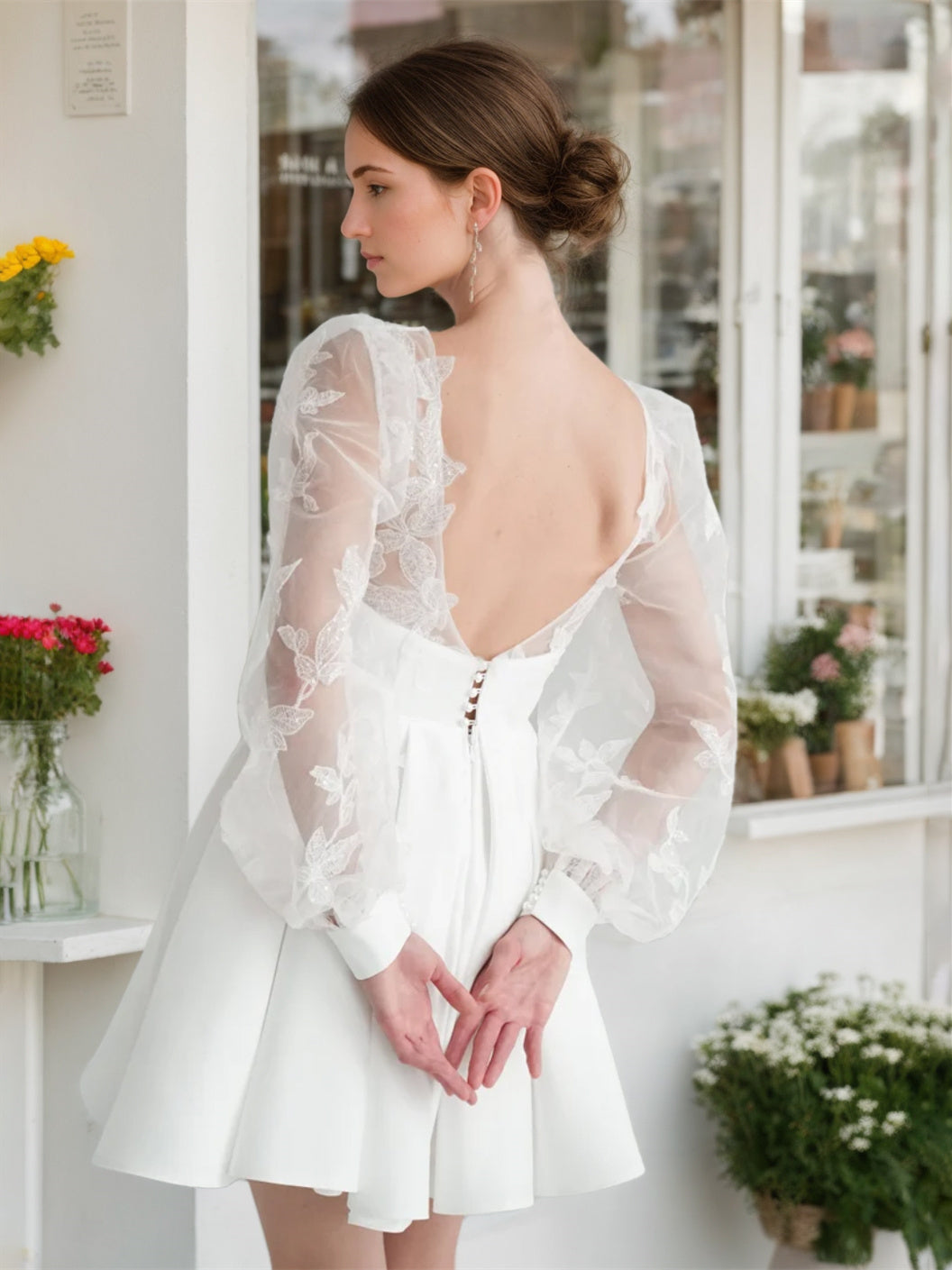 A-Line/Princess V-Neck Long Sleeves Mini Lace Wedding Dress BabaMila
