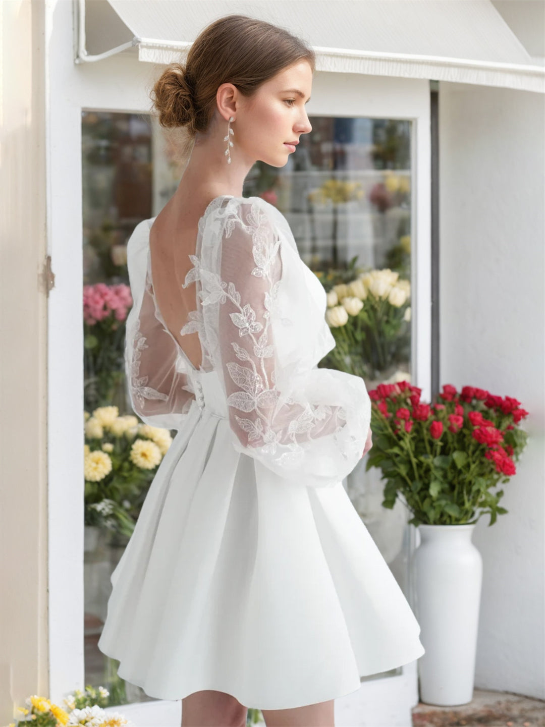 A-Line/Princess V-Neck Long Sleeves Mini Lace Wedding Dress BabaMila