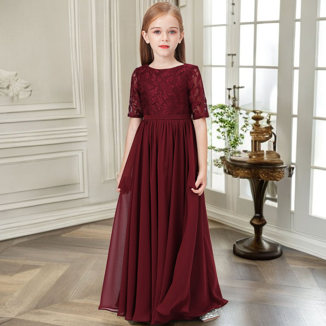 Classic Scoop Neck Half Sleeve Lace/Chiffon Floor-Length Junior Bridesmaid Dress/Girls Birthday Dresses With Belt Gidiondress