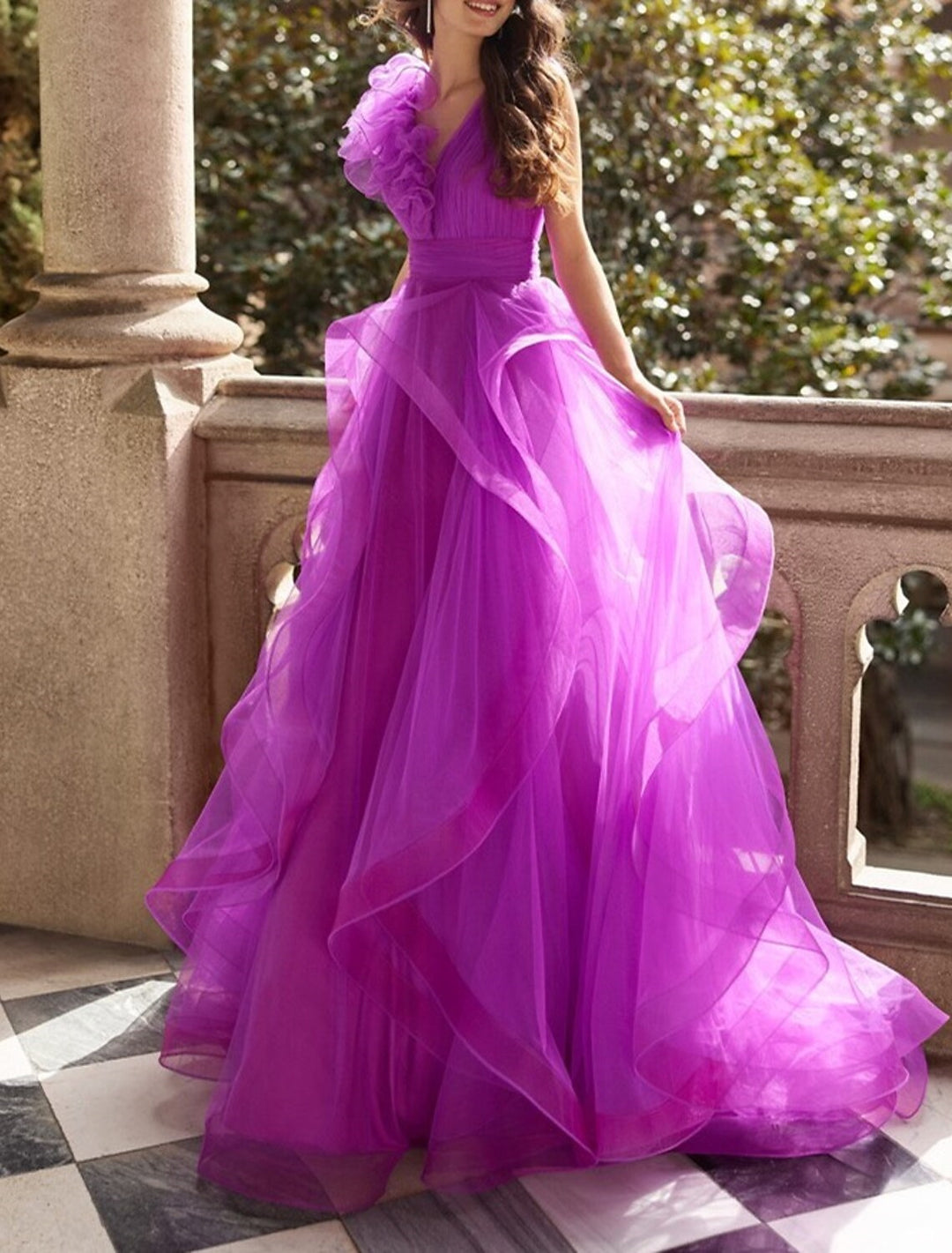 A-Line/Princess V Neck Sleeveless Regency Floor-Length Prom Dresses with Ruffles BabaMila