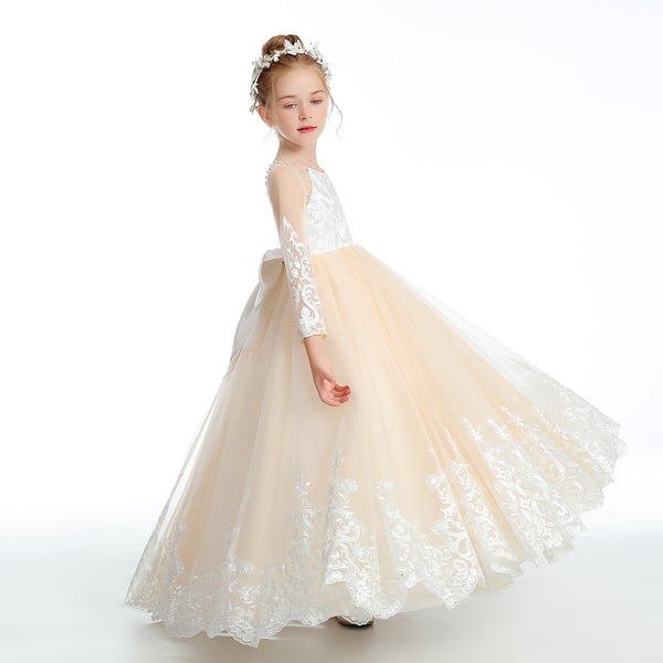Ball Gown/Princess Long Sleeve Scoop Neck Floor-Length Lace/Tulle/Satin Flower Girl Dresses/First Communion Dress With Appliques/Beads/Bow Girls Gidiondress