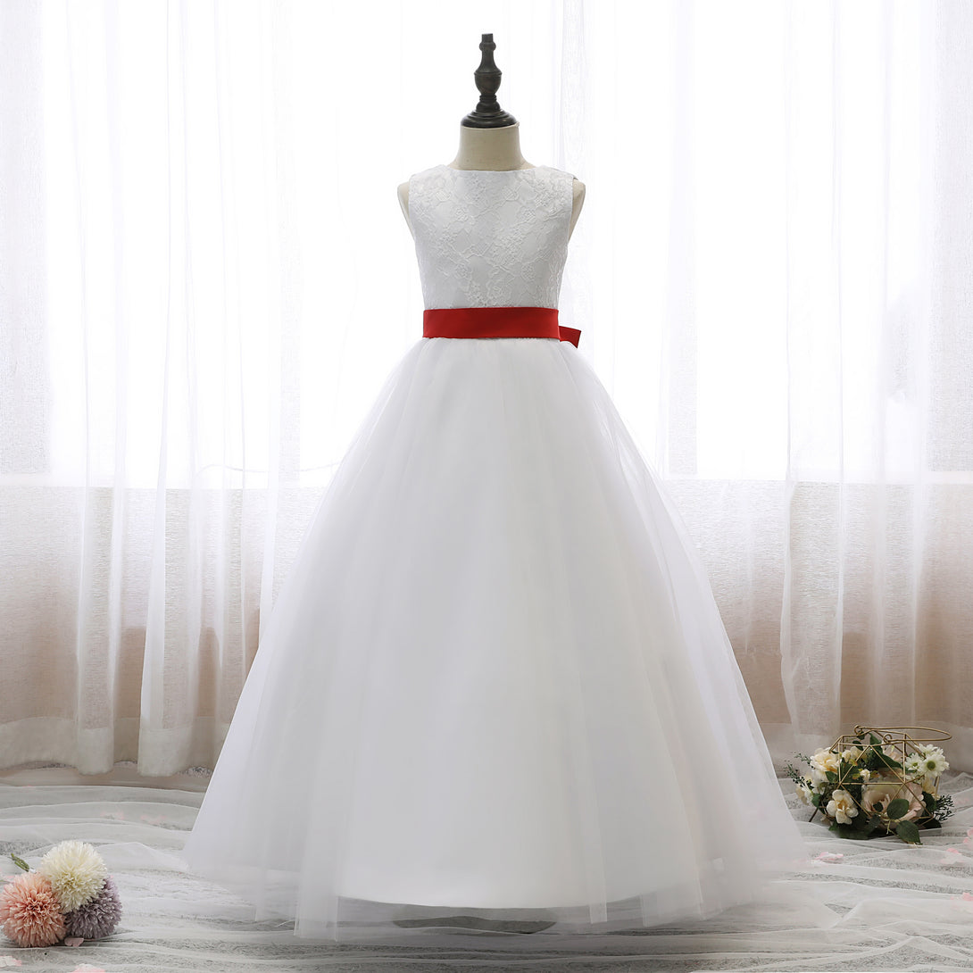 Boat Neck Sleeveless Floor-Length Lace/Satin/Tulle Ball Gown/Princess Dresses With Belt/Bow Gidiondress