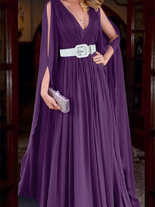 A-Line Floor Length Long Sleeve V Neck Wedding Guest Dresses Chiffon with Belt BabaMila