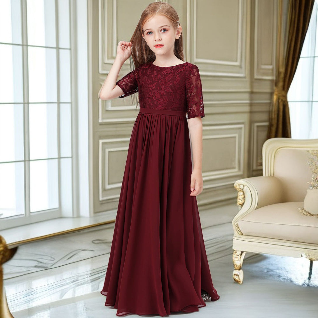 Classic Scoop Neck Half Sleeve Lace/Chiffon Floor-Length Junior Bridesmaid Dress/Girls Birthday Dresses With Belt Gidiondress as picture 12M