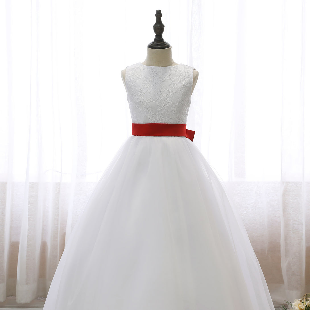 Boat Neck Sleeveless Floor-Length Lace/Satin/Tulle Ball Gown/Princess Dresses With Belt/Bow Gidiondress