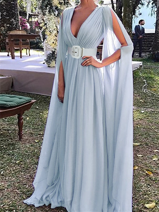 A-Line Floor Length Long Sleeve V Neck Wedding Guest Dresses Chiffon with Belt BabaMila