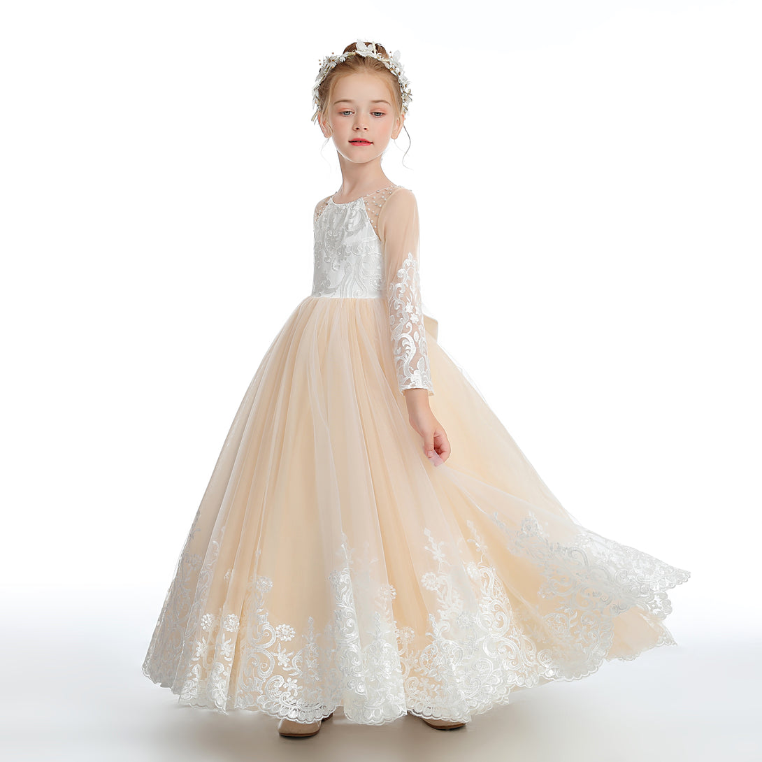 Ball Gown/Princess Long Sleeve Scoop Neck Floor-Length Lace/Tulle/Satin Flower Girl Dresses/First Communion Dress With Appliques/Beads/Bow Girls Gidiondress