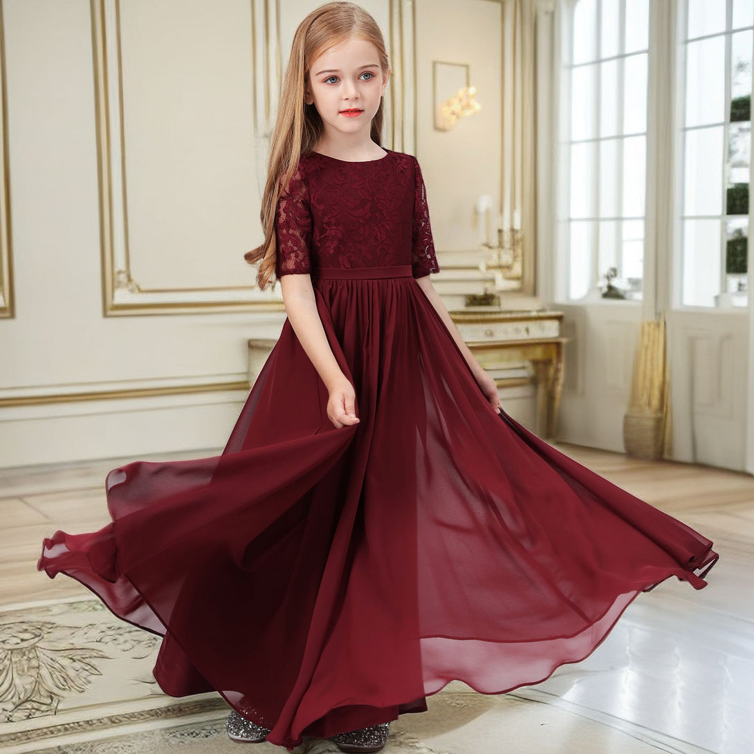 Classic Scoop Neck Half Sleeve Lace/Chiffon Floor-Length Junior Bridesmaid Dress/Girls Birthday Dresses With Belt Gidiondress
