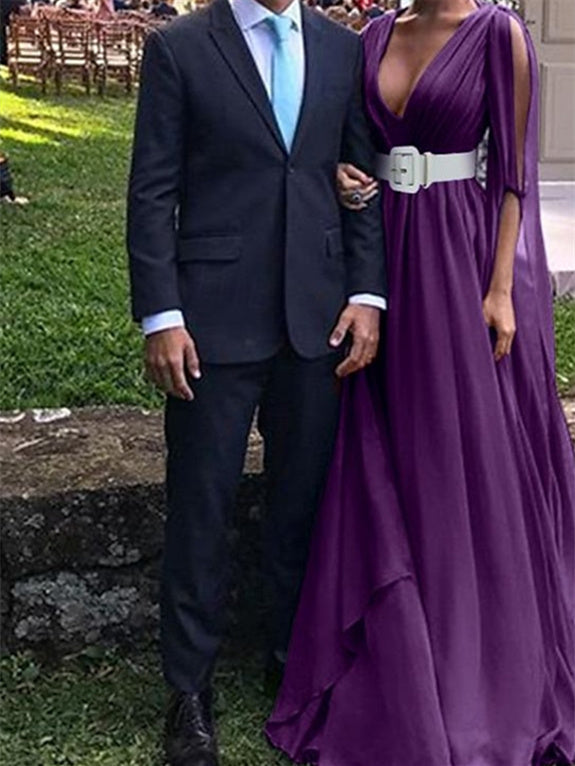 A-Line Floor Length Long Sleeve V Neck Wedding Guest Dresses Chiffon with Belt BabaMila