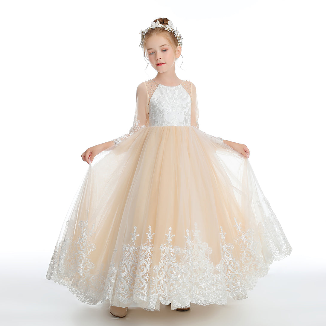 Ball Gown/Princess Long Sleeve Scoop Neck Floor-Length Lace/Tulle/Satin Flower Girl Dresses/First Communion Dress With Appliques/Beads/Bow Girls Gidiondress