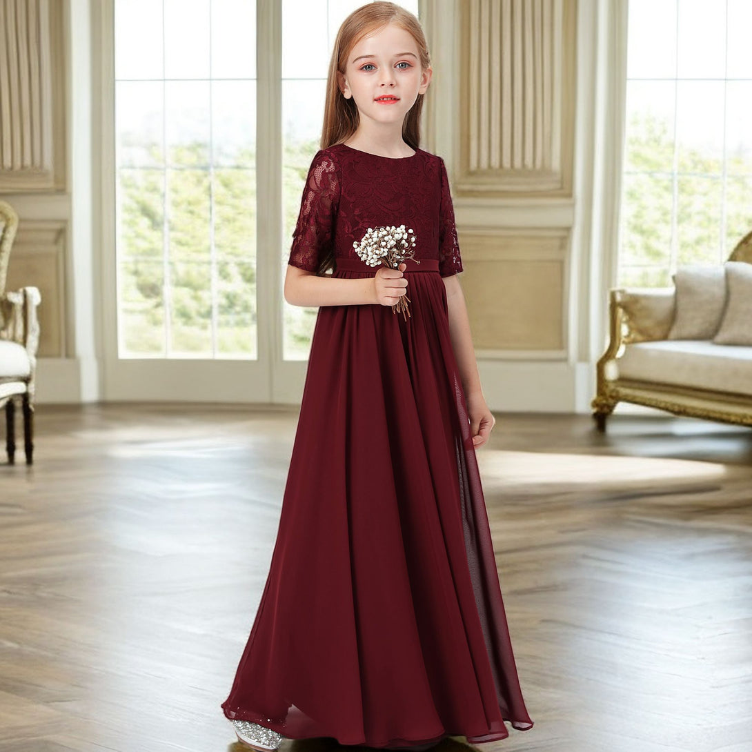 Classic Scoop Neck Half Sleeve Lace/Chiffon Floor-Length Junior Bridesmaid Dress/Girls Birthday Dresses With Belt Gidiondress