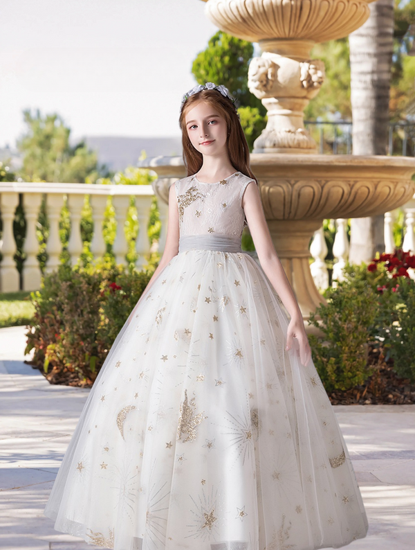 Elegant Scoop Neck Sleeveless Floor-Length Printed Tulle Girls Birthday Dresses With Belt Gidiondress