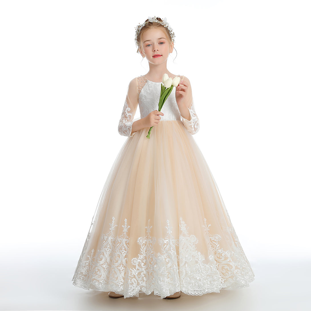Ball Gown/Princess Long Sleeve Scoop Neck Floor-Length Lace/Tulle/Satin Flower Girl Dresses/First Communion Dress With Appliques/Beads/Bow Girls Gidiondress as picture 12M