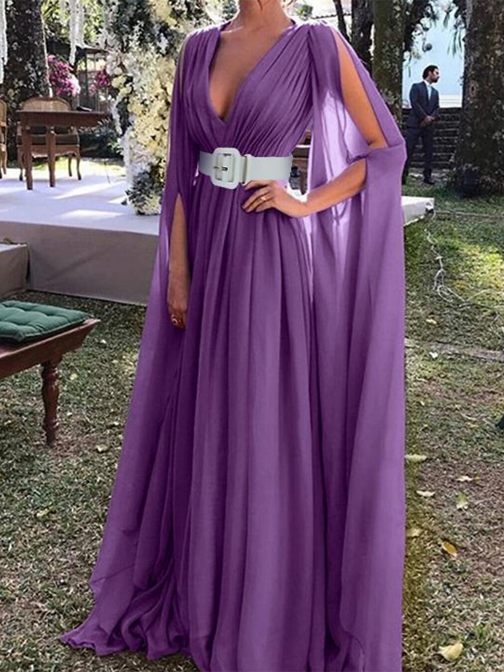 A-Line Floor Length Long Sleeve V Neck Wedding Guest Dresses Chiffon with Belt BabaMila