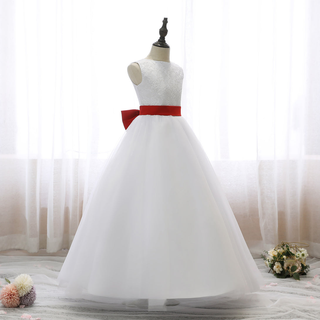 Boat Neck Sleeveless Floor-Length Lace/Satin/Tulle Ball Gown/Princess Dresses With Belt/Bow Gidiondress
