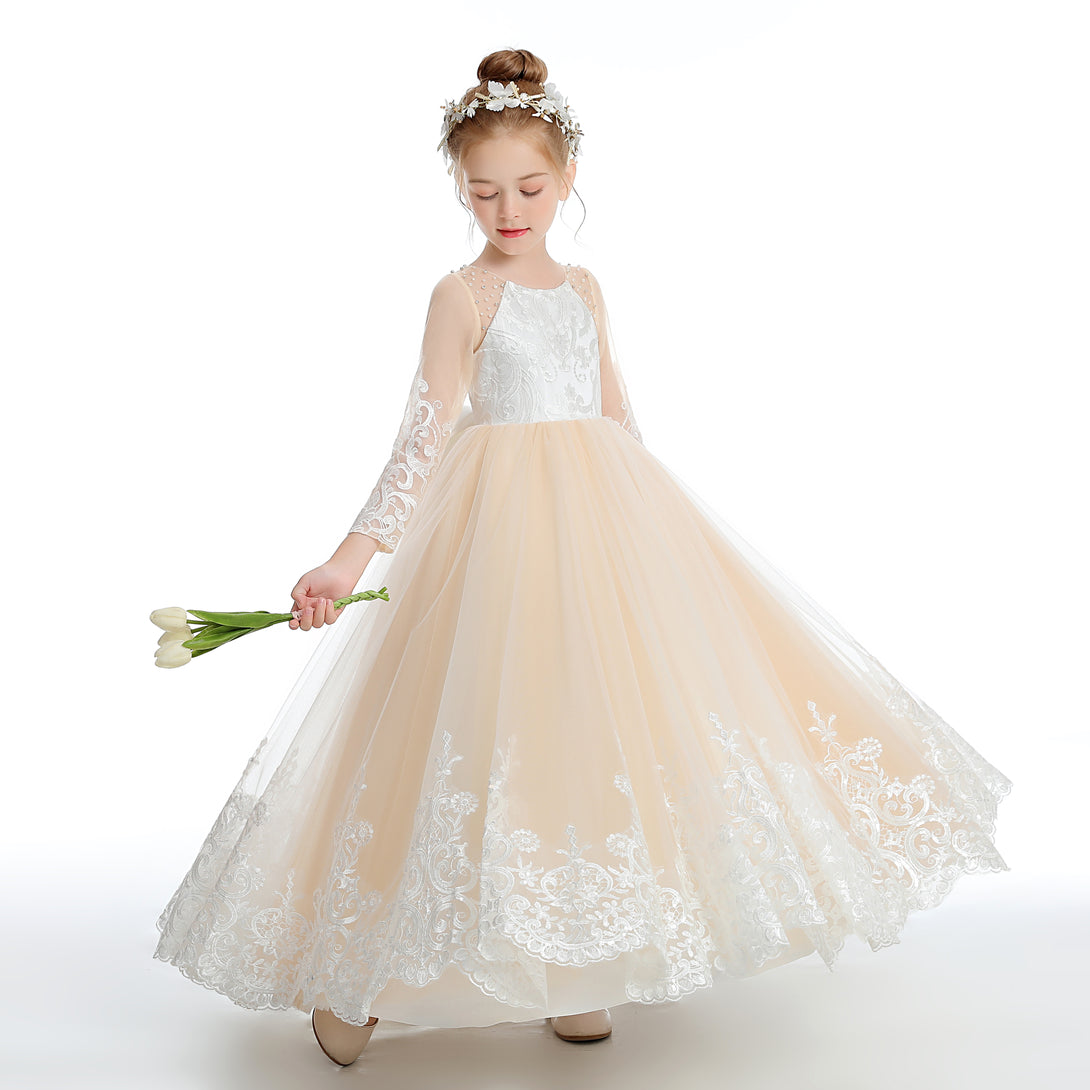 Ball Gown/Princess Long Sleeve Scoop Neck Floor-Length Lace/Tulle/Satin Flower Girl Dresses/First Communion Dress With Appliques/Beads/Bow Girls Gidiondress